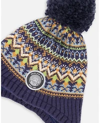 Deux par Boy Lined Peruvian Knit Hat with Pompom Taupe and Navy - Toddler|Child