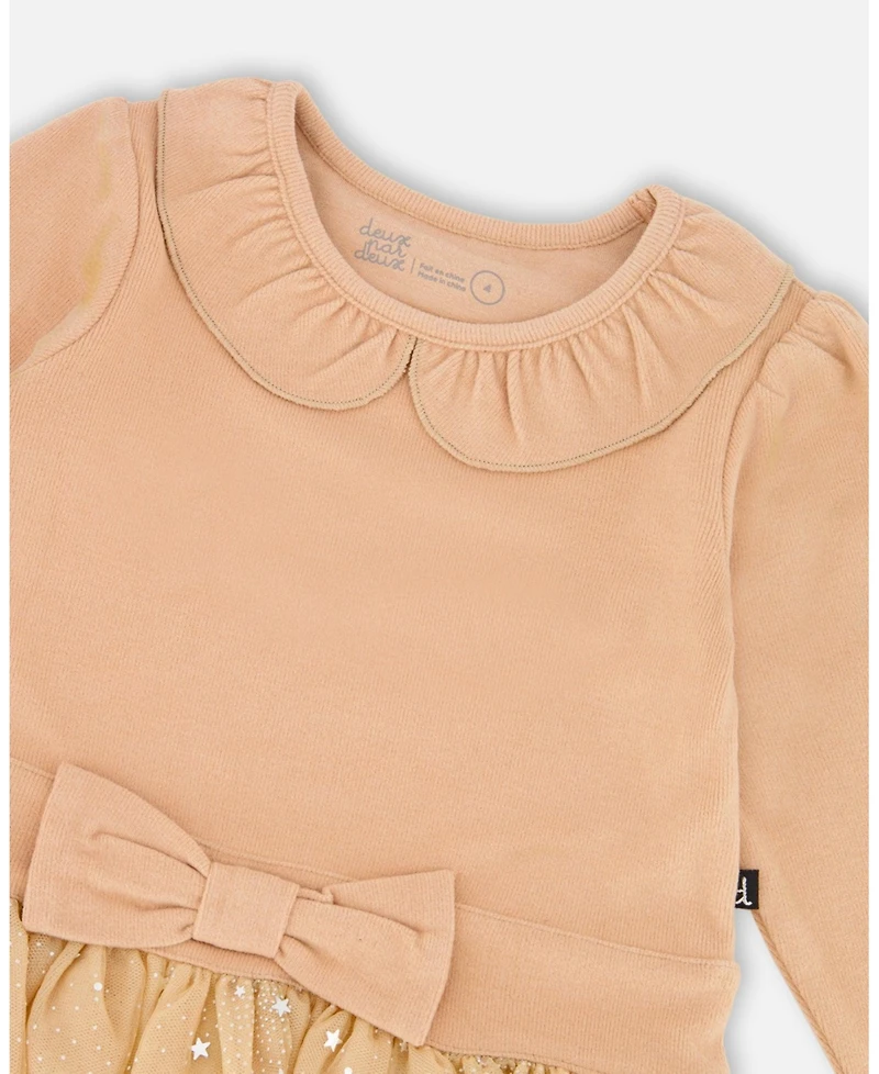 Deux par Big Girls Bi-Material Dress with Glittering Skirt Beige