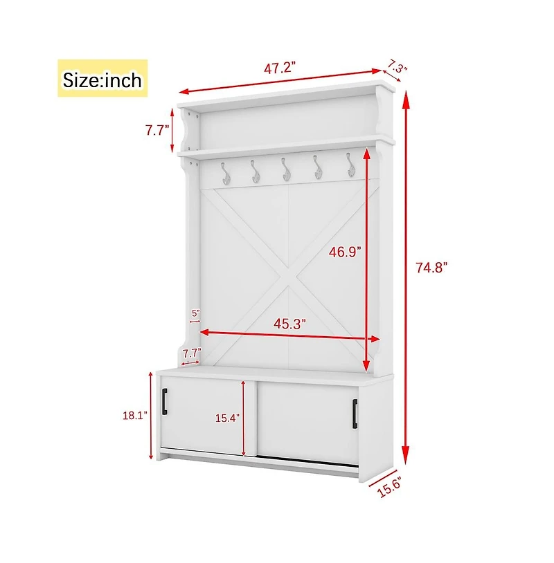 Vanirror 3-in-1 Entryway Hall Tree Storage Bench w/ Coat Racks & Shoe Bench & Cabinet