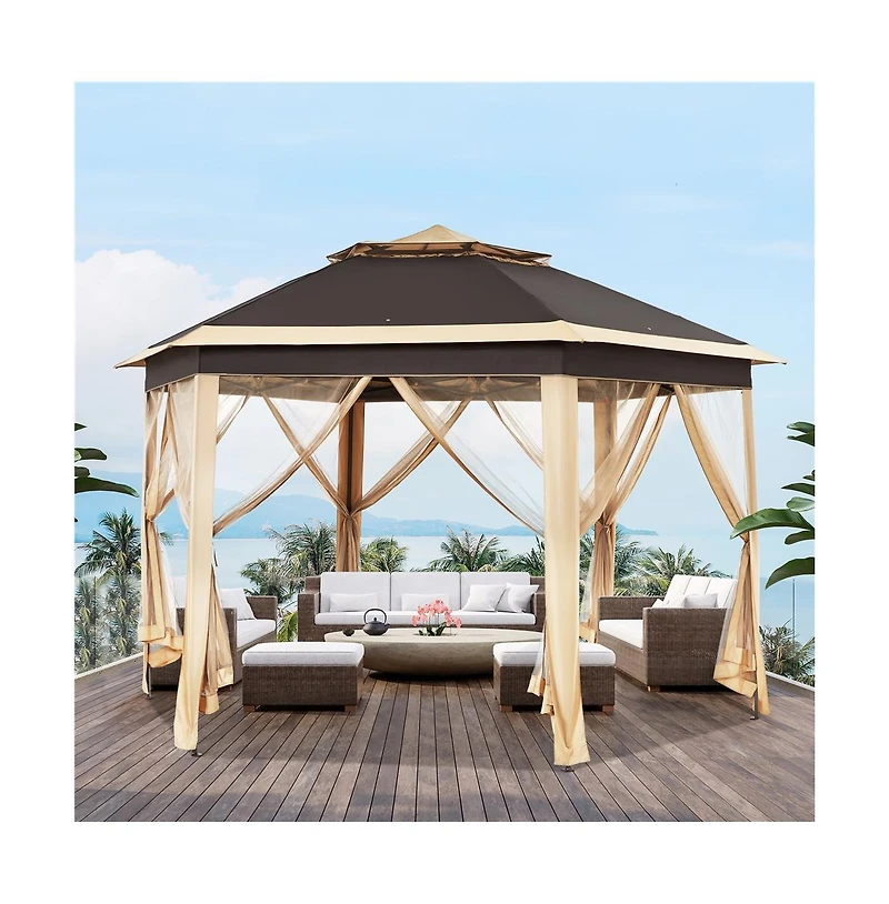 Yaheetech 13×13 Ft Hexagonal Outdoor Gazebo, Pop-Up Canopy for Patio Backyard Garden Wedding Party, Khaki/Brown