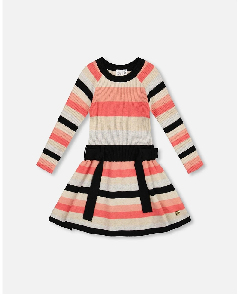 Deux par Big Girls Striped Knit Dress Beige Black and Pink