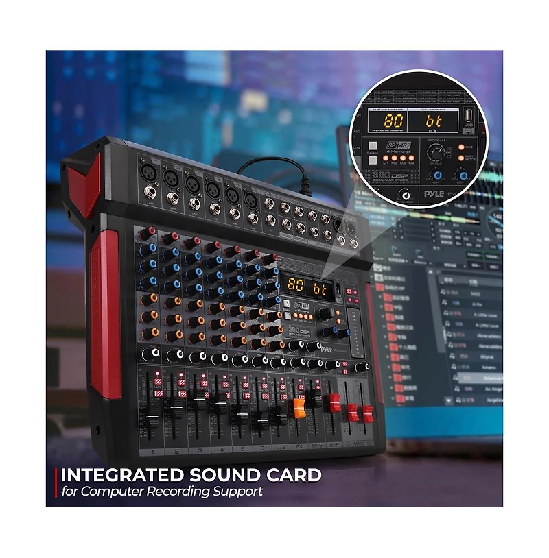 Pyle 8-Channel Wireless Bt Streaming Audio Mixer with Recording Interface, 6 Xlr Input/ 2 Output Connectors
