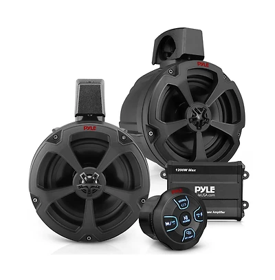 Pyle 6.5'' Water-Resistant Marine Speakers + 2 Channel Amplifier + Wireless Bt Audio Controller for Boat Stereo (1200W)