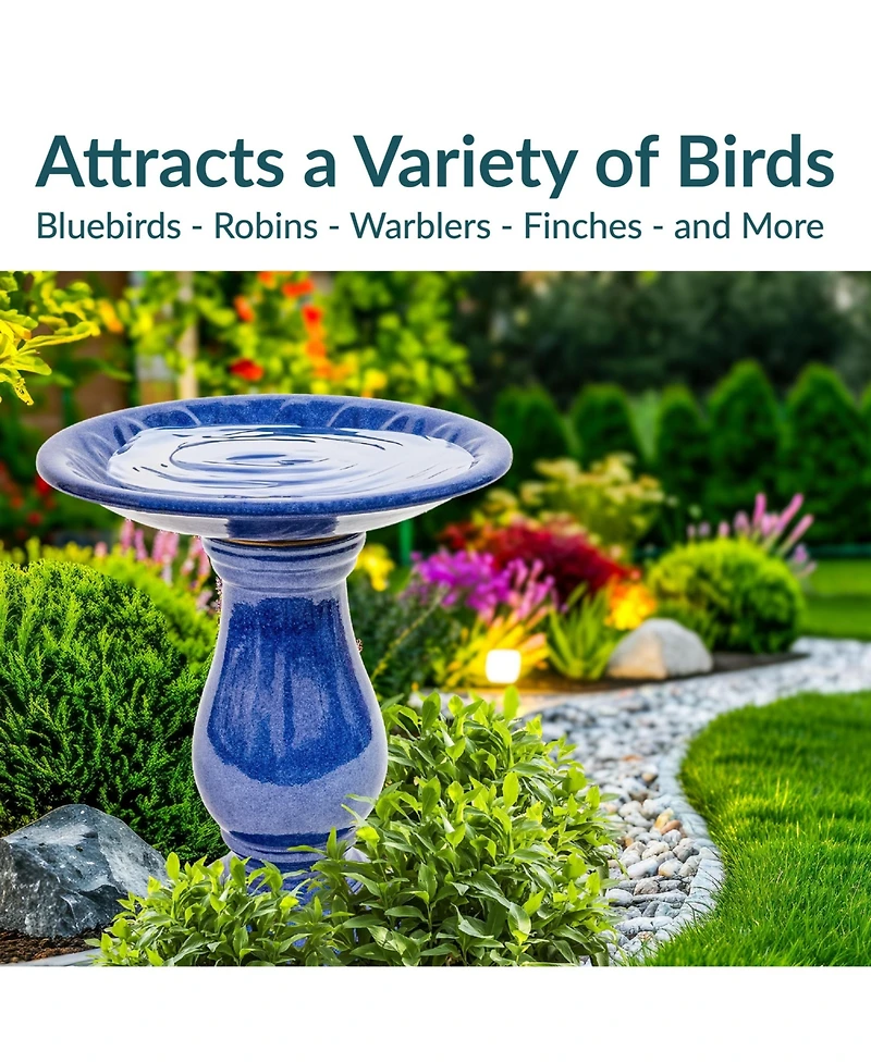 Daisy Embossed Bowl Ceramic Bird Bath with Glazed Finish - Blue - 21.5" H
