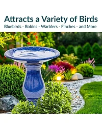 Daisy Embossed Bowl Ceramic Bird Bath with Glazed Finish - Blue - 21.5" H