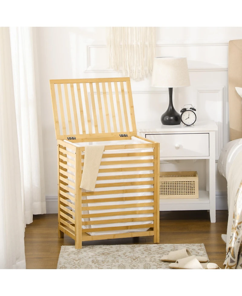 Homcom Bamboo Hamper Laundry Basket with Lid Portable Removable Bag Natural