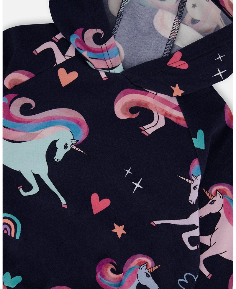 Deux par Girl Pullover Fleece Hoodie Navy Unicorn Print