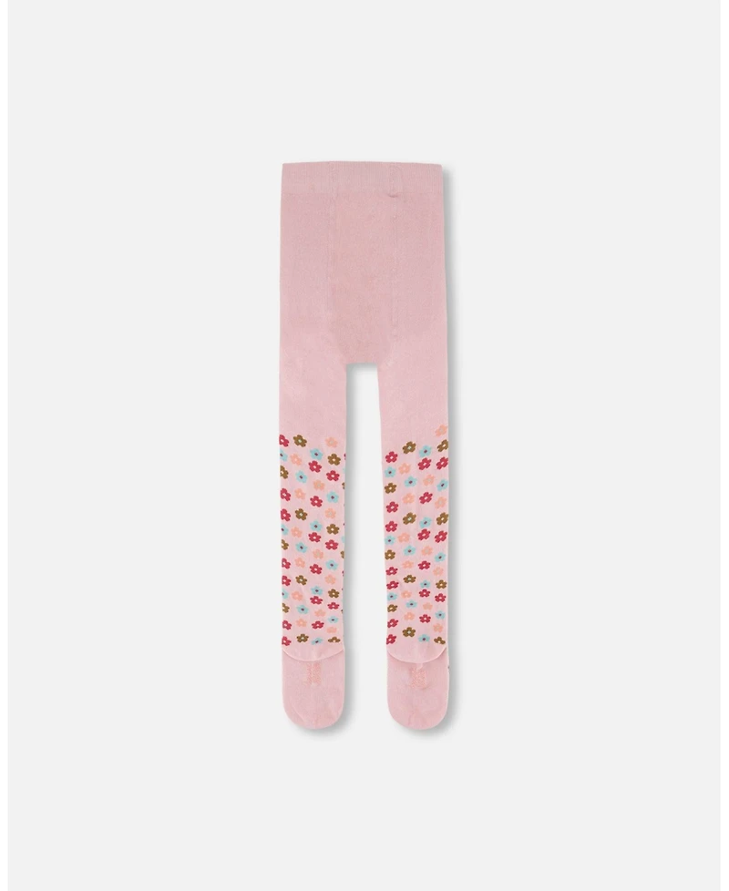 Deux par Girl Knit Tights Light Pink with Flowers - Toddler|Child