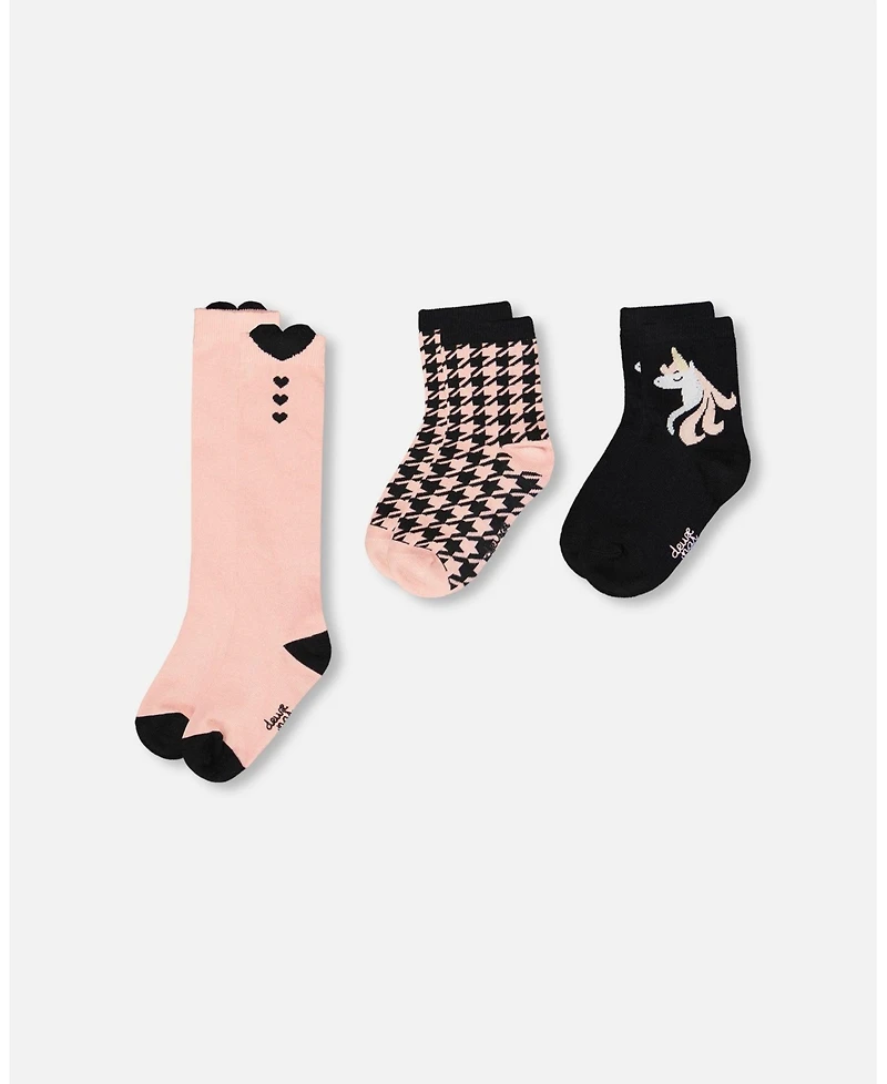 Deux par Girl 3-Pack Knit Socks Black and Pink - Toddler|Child