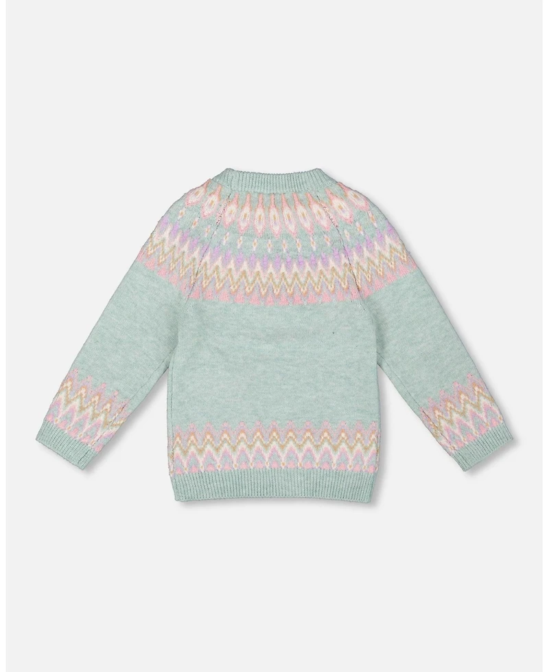 Deux par Toddler Girls Sweater with Norwegian Jacquard Turquoise Blue - Toddler|Child