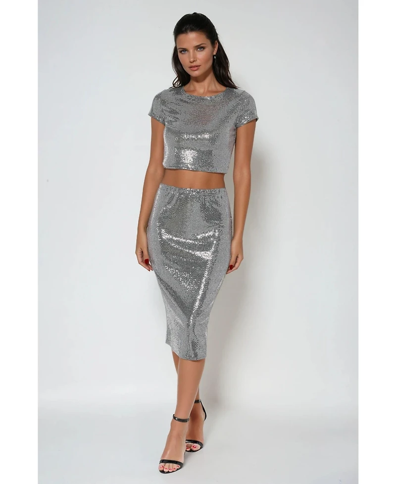 Bebe Women's Two Piece Disco Dot Top With Midi Skirt