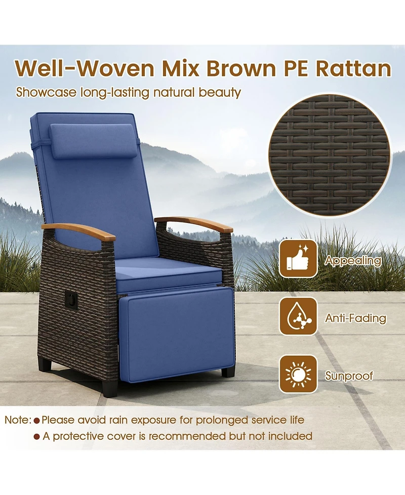 Gymax 2PCS Patio Rattan Lounge Chair Pe Wicker Recliner w/ Adjustable Backrest & Footrest
