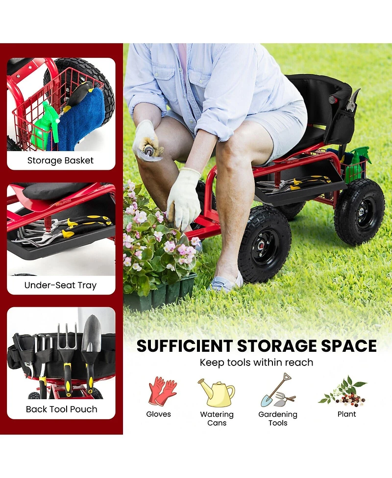Hitway Adjustable Rolling Garden Cart with Swivel Seat and Tool Storage