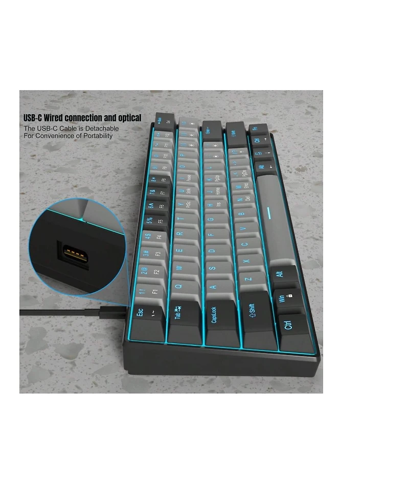 Risokeys 60% Wired Mechanical Gaming Keyboard, Ice Blue Led Backlit 61 Keys Mini Office Keyboard For Windows Laptop (Black-White, Red Switches)