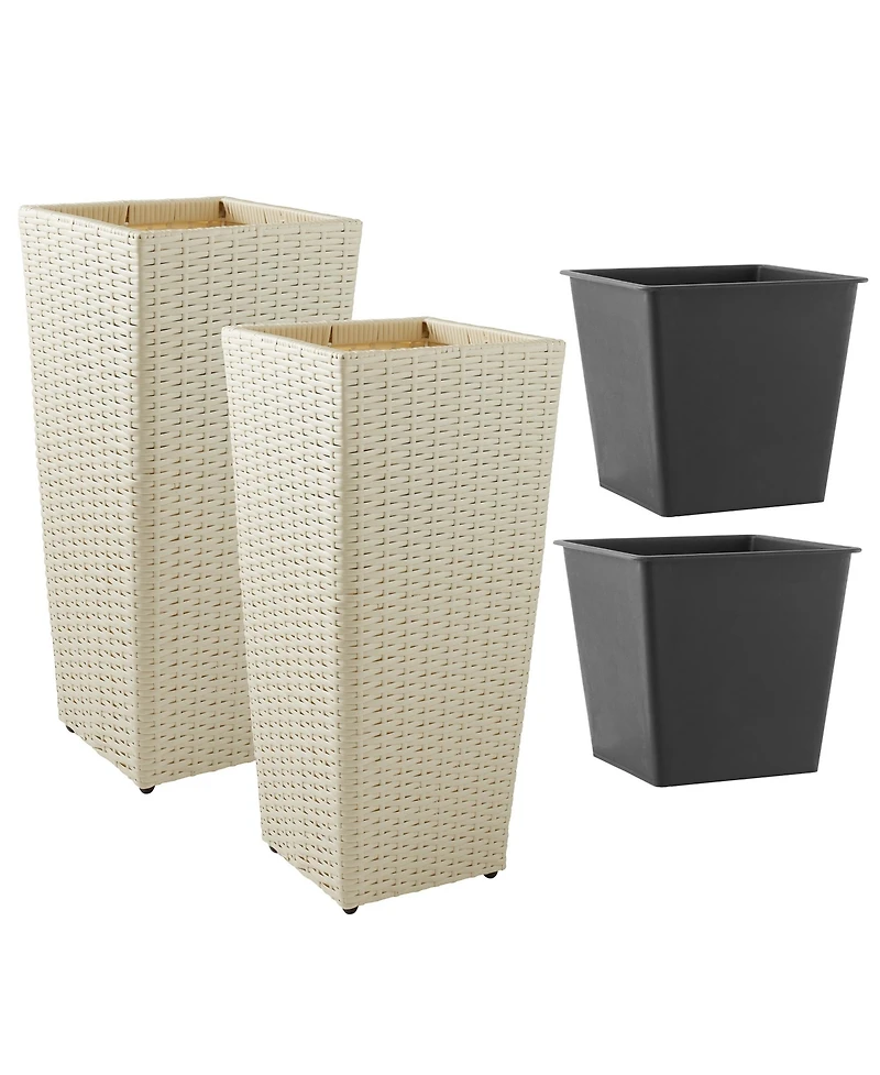 Casafield (Set of 2) All-Weather Outdoor Planters with Liners - White, Tall Tapered Plant Boxes with Flower Pots for Front Porch, Patio, Garden
