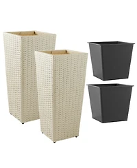 Casafield (Set of 2) All-Weather Outdoor Planters with Liners - White, Tall Tapered Plant Boxes with Flower Pots for Front Porch, Patio, Garden