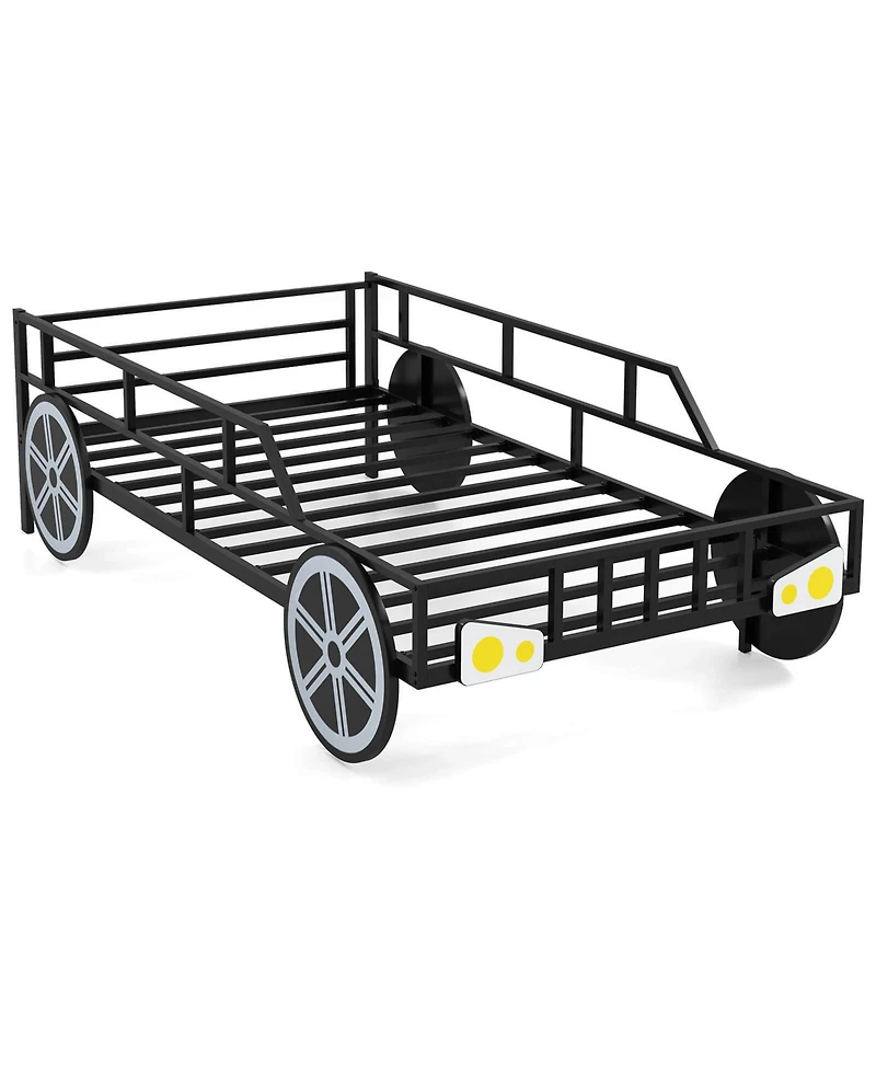 Costway Twin Car-Shaped Metal Bed Frame with Wheels Decorations Safety Guardrails