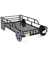 Costway Twin Car-Shaped Metal Bed Frame with Wheels Decorations Safety Guardrails