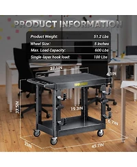 Silvel 46 in. 2 Tier Flat Top Rolling Tool Cart with Wheels, Industrial Commercial/ Service Tool Cart, Pp