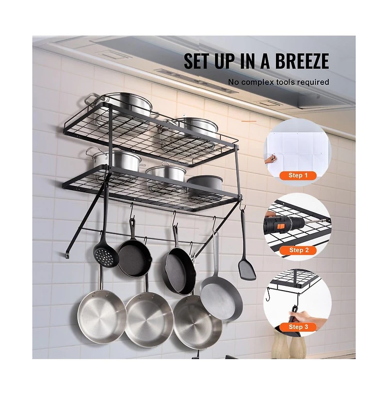 Wall-Mounted Pot Rack with 12 S-Hooks, Holds 55 lb for Cookware and Utensils