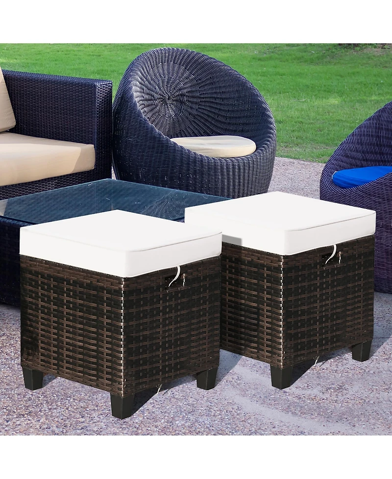 2PCS Patio Rattan Ottoman Cushioned Seat