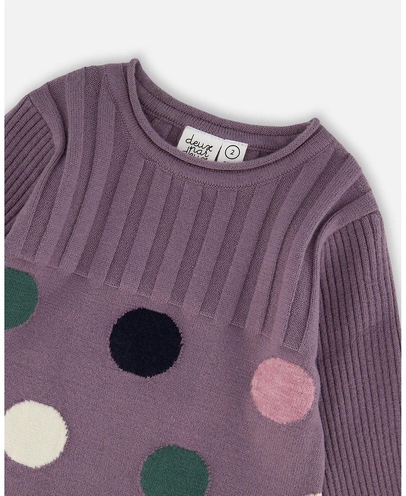 Deux par Girl Jacquard Sweater Dress with Polka Dot Pattern Purple Gray
