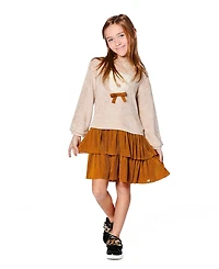 Deux par Toddler Girls Bi-Material Dress Caramel Brown with Layered Skirt - Toddler|Child