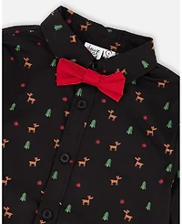 Deux par Baby Boy Printed Poplin Shirt Black and Multicolor with Bow Tie
