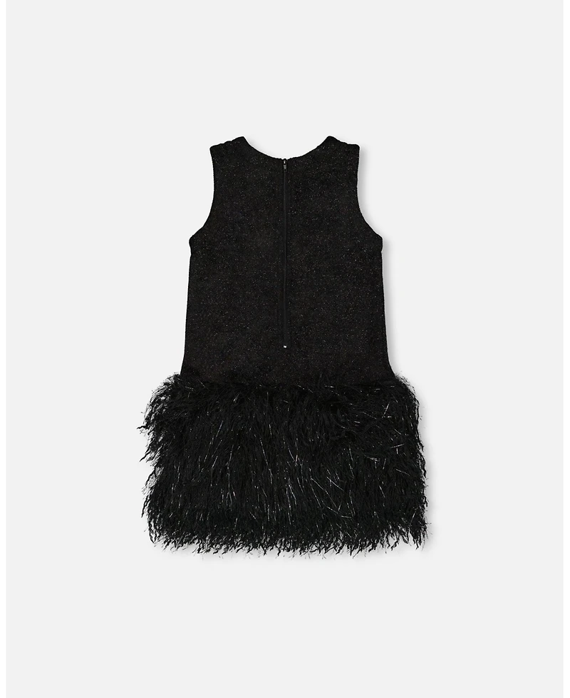Deux par Toddler Girls Sleeveless Bi-Material Lurex Dress with Feathers Black - Toddler|Child