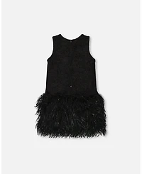 Deux par Toddler Girls Sleeveless Bi-Material Lurex Dress with Feathers Black - Toddler|Child