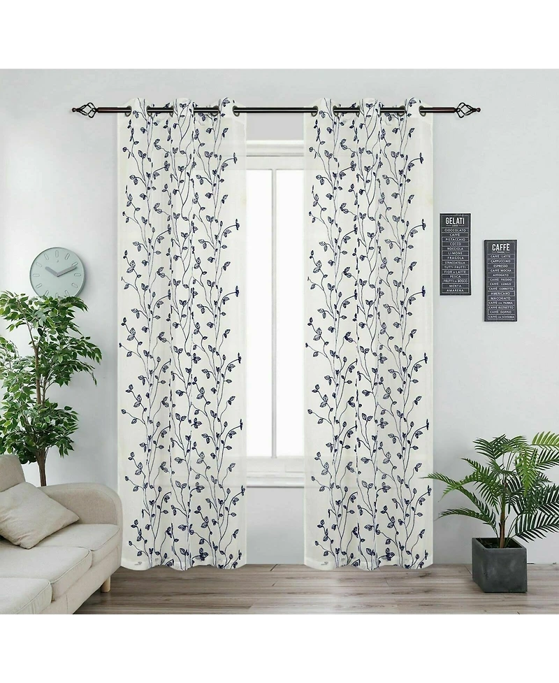 Kate Aurora 2 Pack Floral Leaf Embroidered Grommet Sheer Curtains - 38 in. W x 84 L, Linen