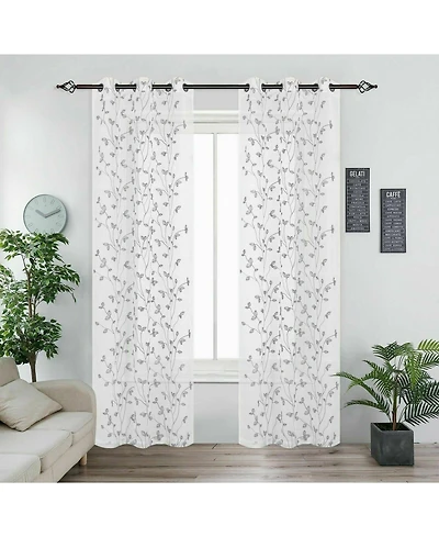 Kate Aurora 2 Pack Floral Leaf Embroidered Grommet Sheer Curtains - 38 in. W x 84 L, Linen