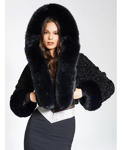 Miss Circle Women's Kali Black Cropped Faux Fur Jacket With Hood
