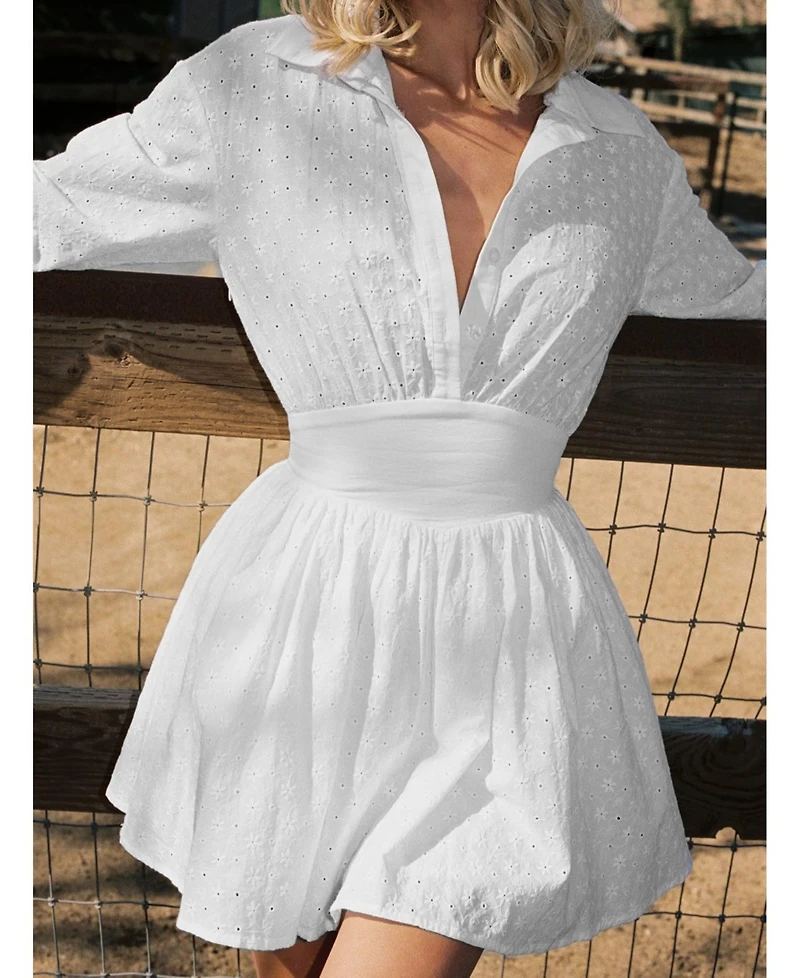 Miss Circle Women's Gabriella White Cotton Eyelet Button Up Long Sleeve Shirt Dress