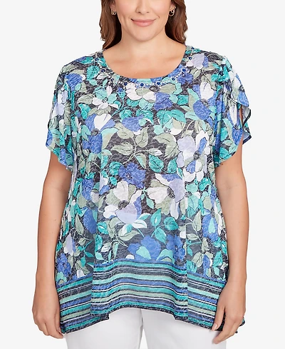 Ruby Rd. Plus Floral Striped Border Flutter Sleeve Top