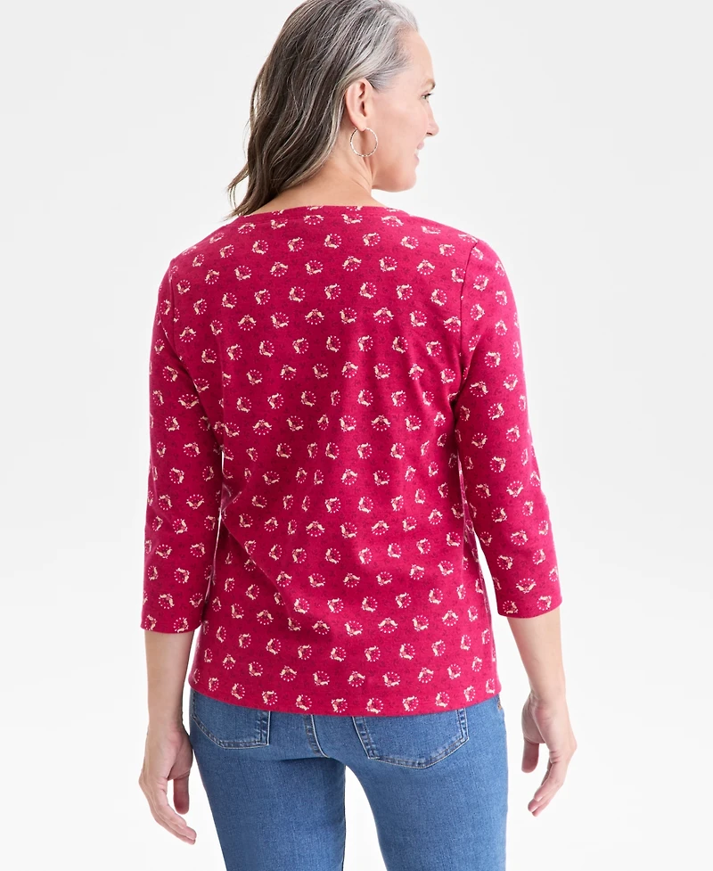 Style & Co Women's Printed 3/4-Sleeve Henley Top