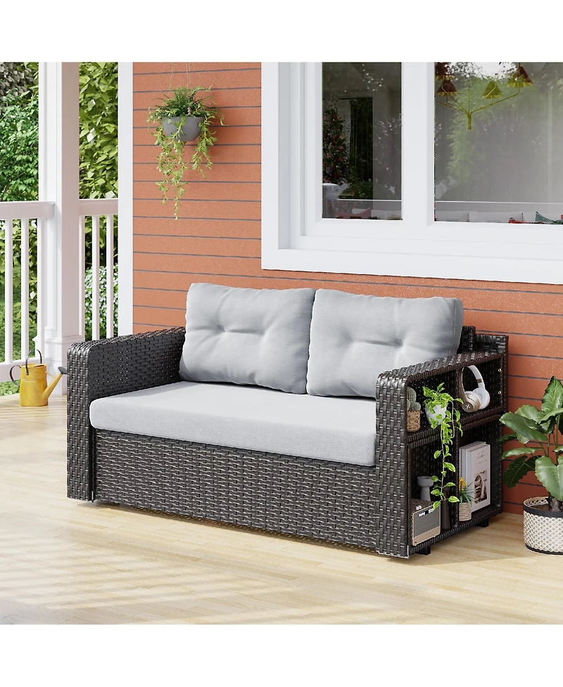 Vlsrka Convertible Foldable Wicker Outdoor Sofa with Storage Shelves