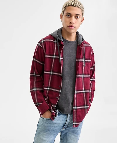 Sun + Stone Men's Bird Layered-Look Hooded Cotton Flannel Plaid Shirt, Macy's Exclusive