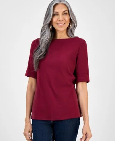 Style Co Womens Boat Neck Elbow Sleeve Cotton Top Pxs 4x Exclusively At Macys