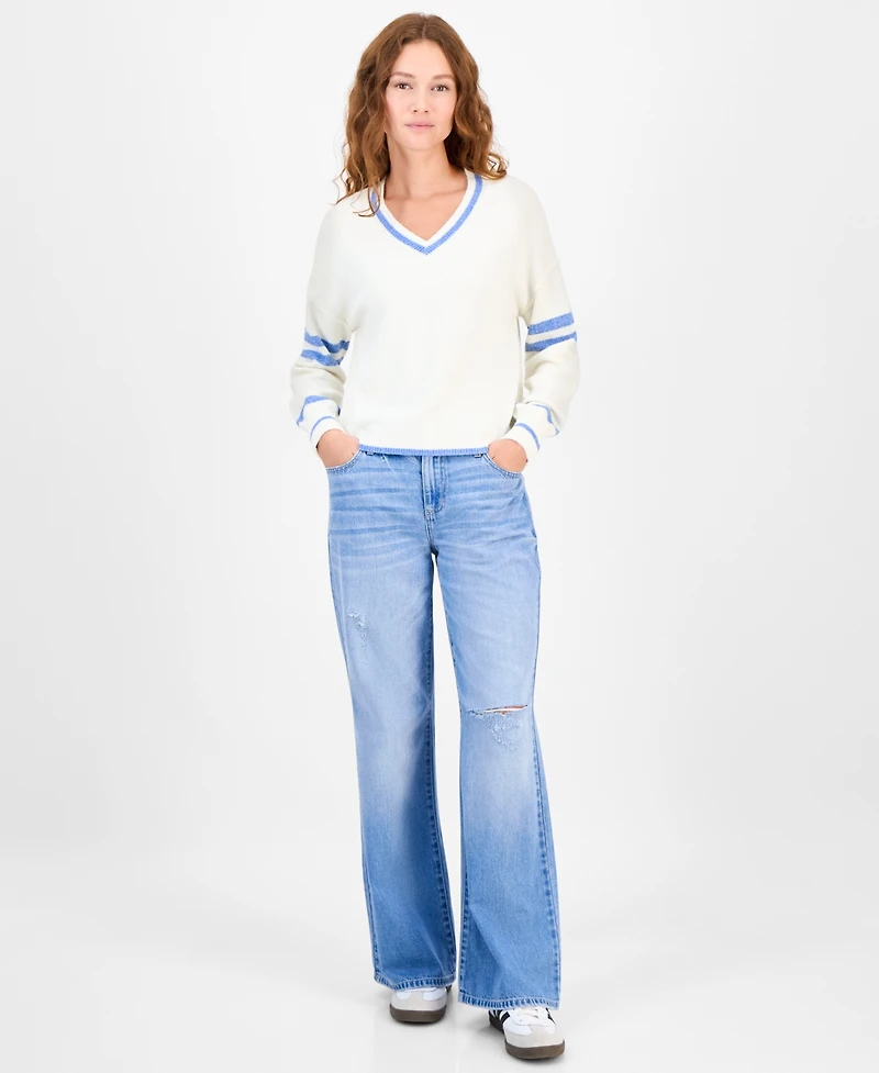 Freshman Juniors' V-Neck Varsity Stripe Sweater
