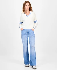 Freshman Juniors' V-Neck Varsity Stripe Sweater