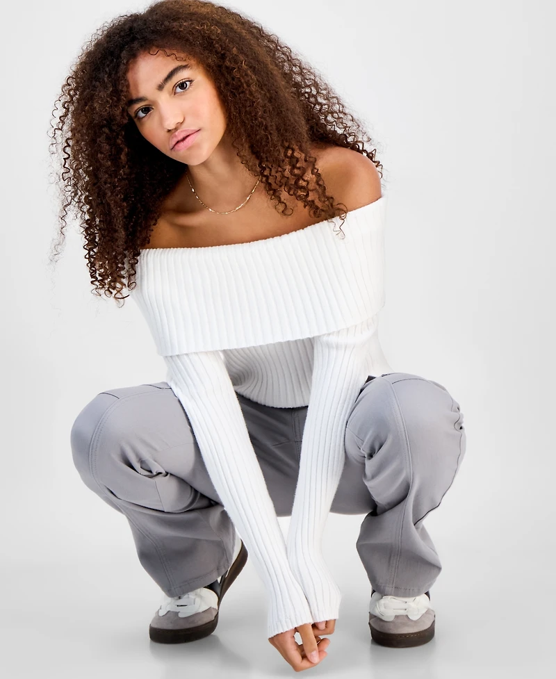 Madden Girl Juniors' Off-The-Shoulder Rib-Knit Sweater