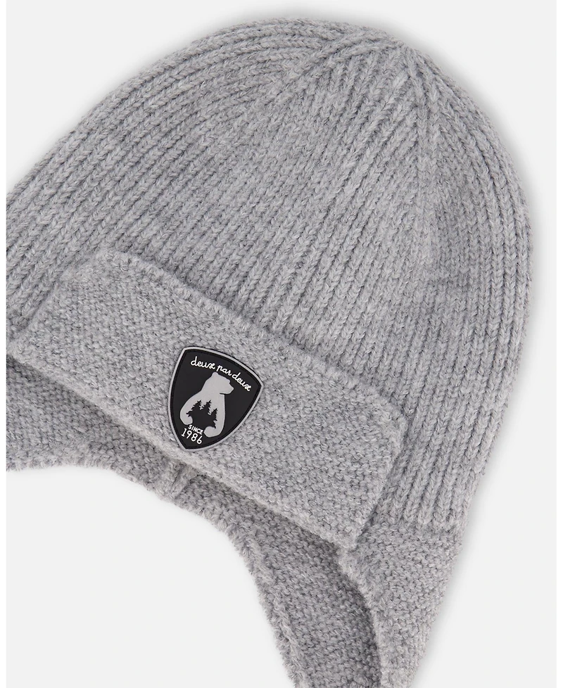 Deux par Baby Unisex Lined Knit Hat with Ears and Strings Heather Gray - Baby|Toddler
