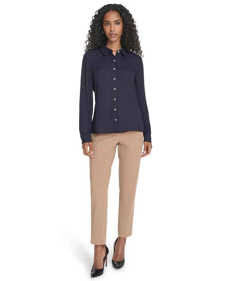 Tommy Hilfiger Women's Pleated Sleeve Button Up Blouse