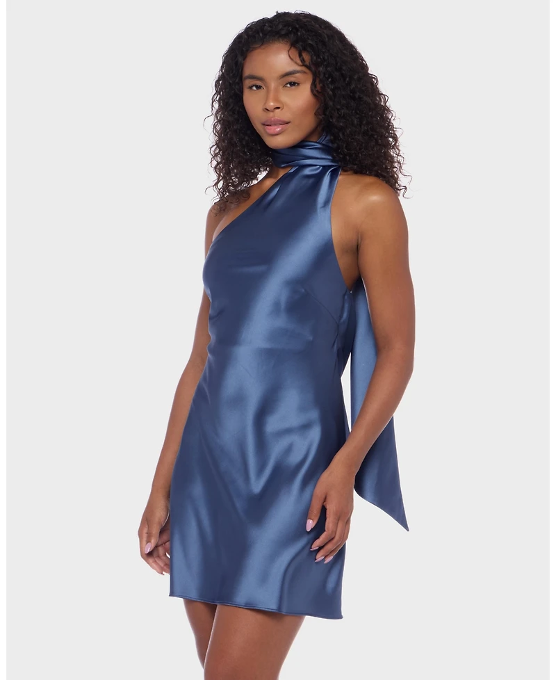 Alex & Sophia Juniors' Scarf-Neck One-Shoulder Satin Bodycon Dress