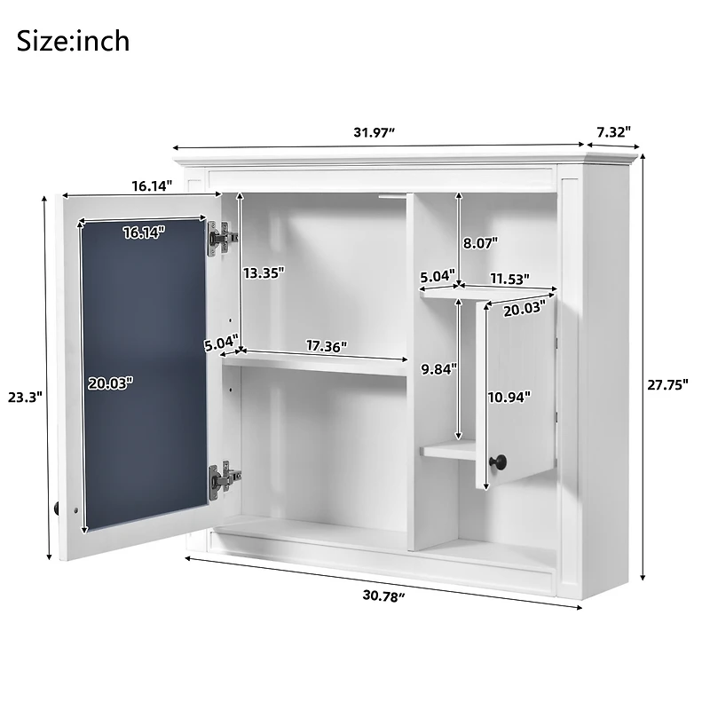Casainc 32" Bathroom Wall Cabinet with Mirrored Door and 3 Storage Shelves, Wall Mounted Storage Cabinet