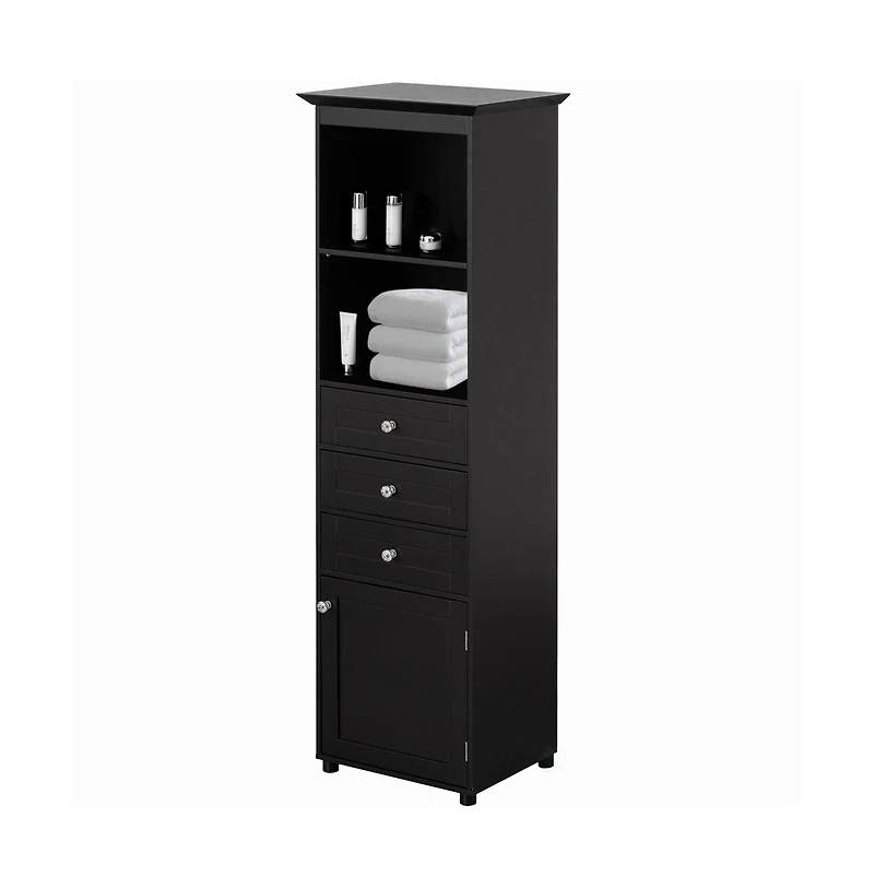Basicwise Tall Freestanding Storage Organizer Linen Tower, Vanity Closet, Bathroom Cabinet with 2 Open shelves, 3 Drawers, and a White