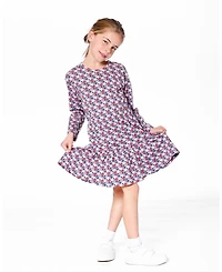 Deux par Girl Cotton Dress with Flounce Hem Blue Apple Print