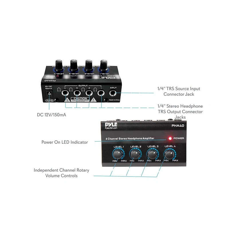 Pyle 4-Channel Portable Stereo Headphone Amplifier - Mini Earphone Splitter Amp with 4 ¼" Trs Output Jacks - Independent Volume Controls