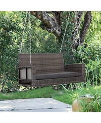Flynama 2 Person Wicker Hanging Swing Bench, Front Porch Swing Outdoor Chair with Cushions 550 lbs. Weight Capacity for Backyard, Garden, Grey